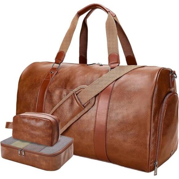 Vegan Leather Duffle Bag for Travel Camel - Picture 1 of 7
